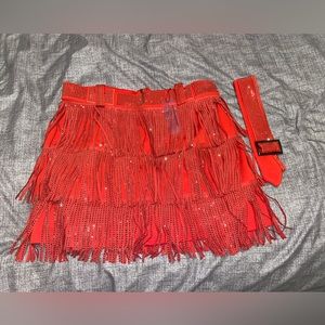Red studded fringe mini skort